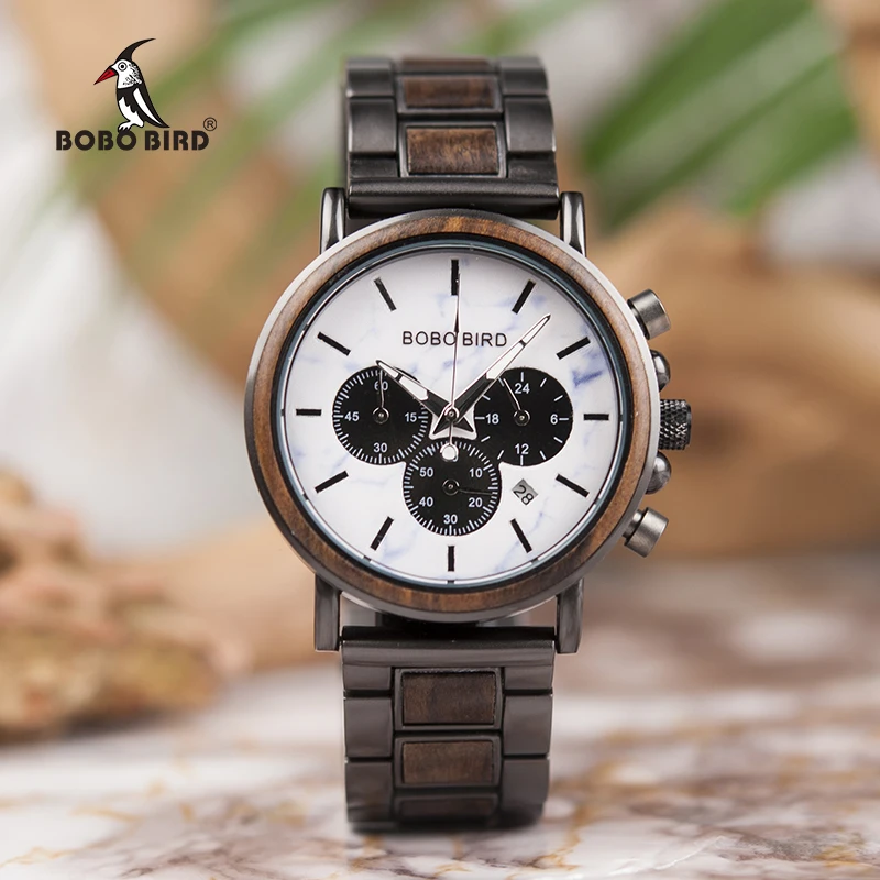 Marble Wooden Watch Men Stopwatch Wristwatch Male saat erkek BOBO BIRD show Date Create Clock Gift In Wood Box saat erkek