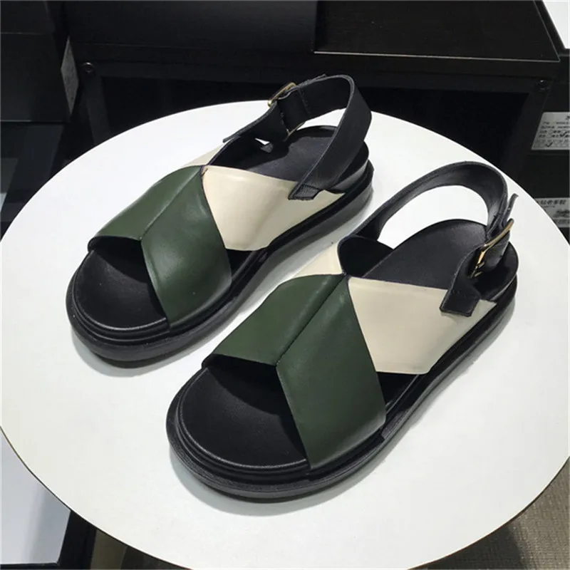 

19SS Mixed Color Cross Tied Thick Platform Summer Sandals Open Toe Soft Flats Slides Buckle Strap Shoes Casual Beach Woman Shoes