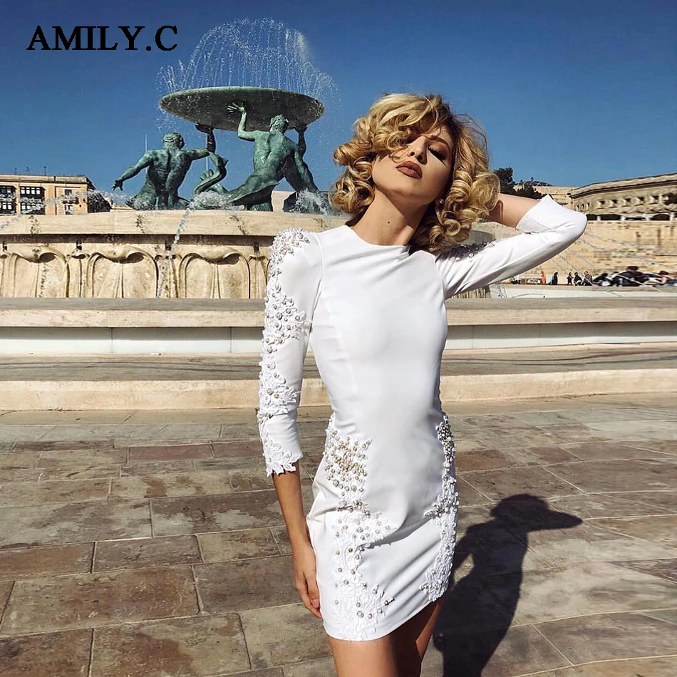 Amily.c 2020 new lace beaded design seven-point sleeve white dress bandage mini celebrity party | Женская одежда