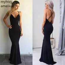 2019 Cheap Black Evening Dresses Elegant Simple Mermaid Cheap Halter V Neck Sexy Backless Criss-cross Long Prom Robe De Soiree sexy black criss cross round neck crop top