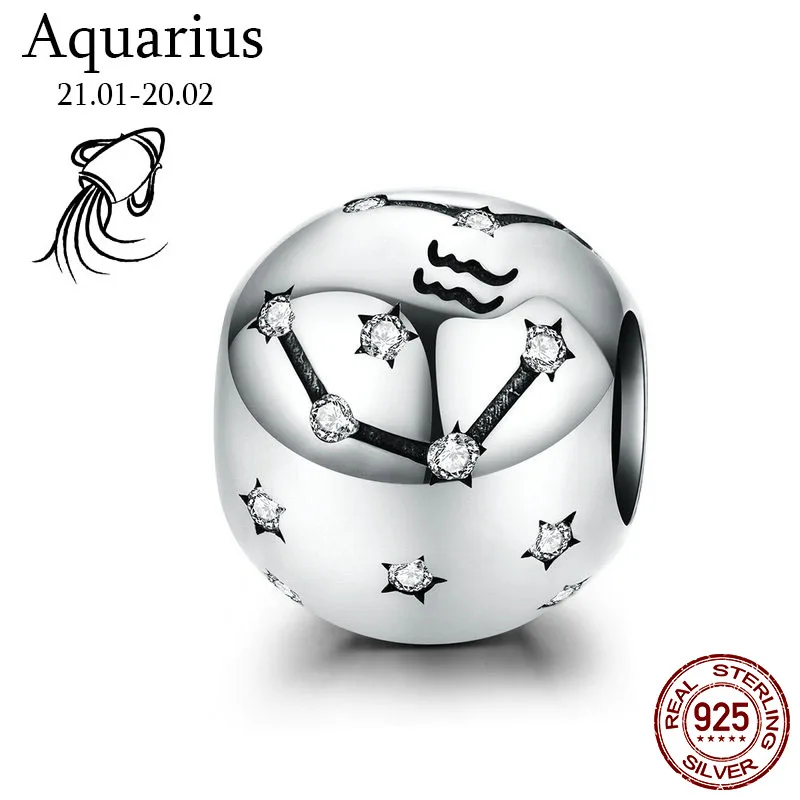 Aquarius-11 Натуральная 925 пробы серебро 12 созвездия зодиака круглые бусины, подходят к оригиналу Pandora, браслет, ювелирные изделия с бриллиантами - Цвет: Aquarius-11