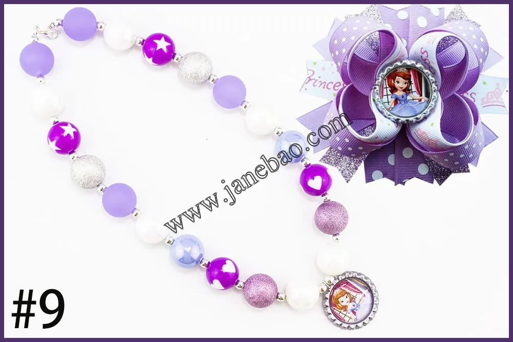 

free shipping 30set Cartoon princess chunky bubblegum kids necklace and character hair bows 4.5'' girl hair clips