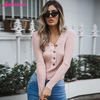 

ESDAMIER Solid Color Women Knitted Sweaters Autumn Winter 2018 Casual V-Neck Long Sleeve Knit Sweater Coat Female Tops White