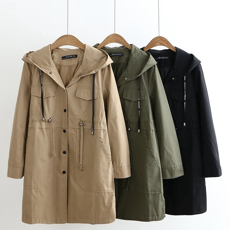 

2019 Spring Autumn Hooded Trench Large Size Coat New Casual Show Thin Long Trench Lacing Waist Hooded Windbreaker