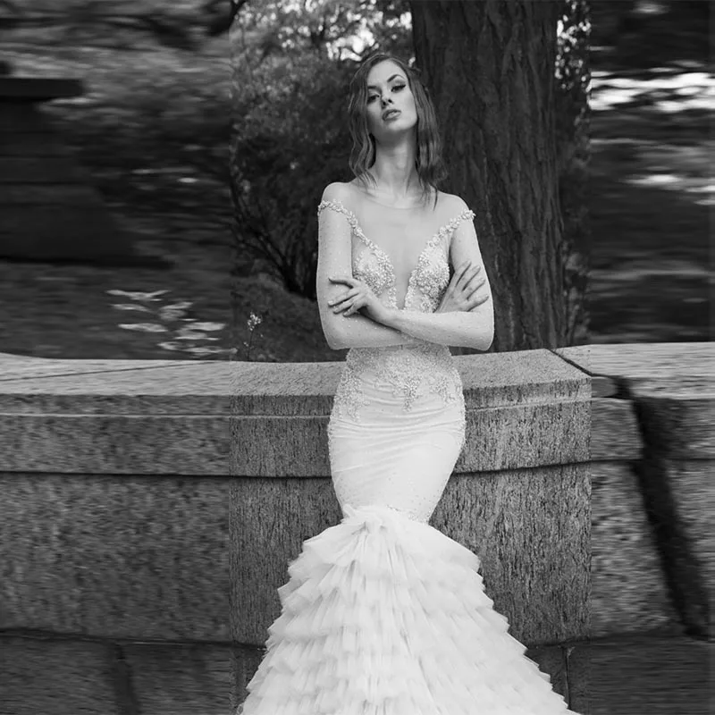 Великолепный Кот Белое Свадебное Платье Русалка Развертки Поезд Vestido Де Noiva