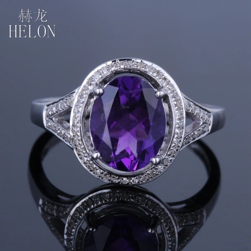 

HELON Flawless10x8mm Oval Solid 10K White Gold 2.6ct Amethyst Gemstone Engagement Wedding Diamonds Halo Ring Trendy Fine Jewelry