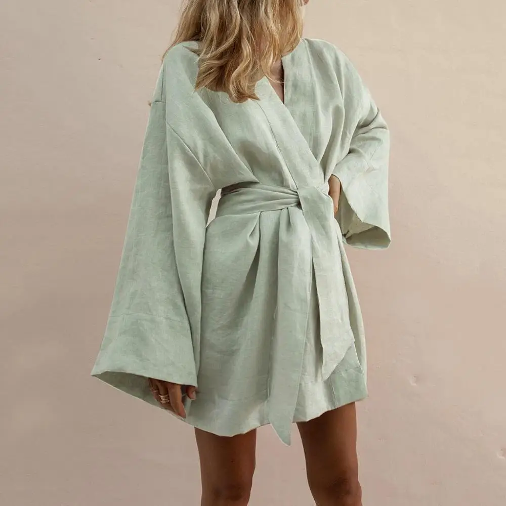 

Women V Neck Slim Summer Cotton Lapel Temperament Lazy Beach Dress female fashion 2019 solid new mini dresses robe femme green