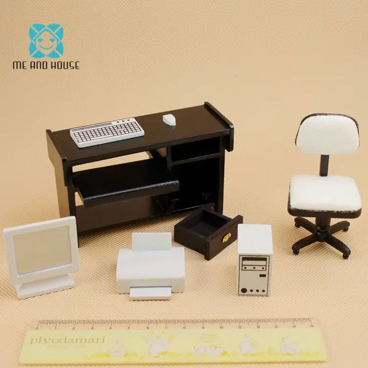 Miniatura 1:12 مقياس بيت الدمية المنمنمات الأثاث مكتب خشبي للكمبيوتر كرسي مجموعة