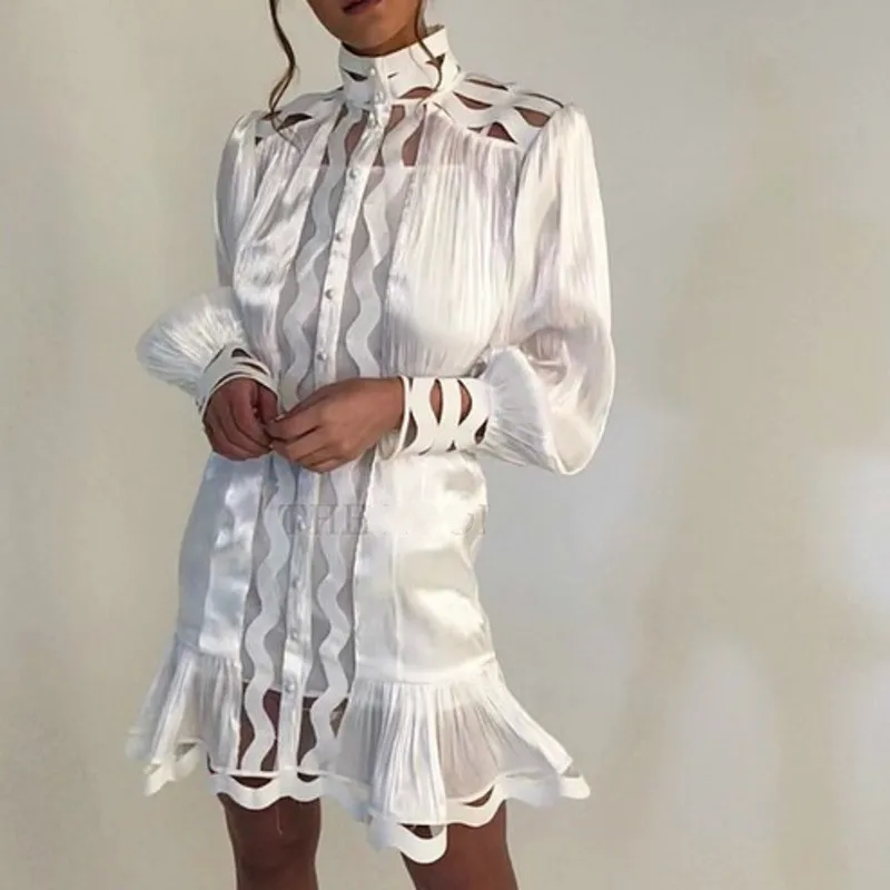 

DEAT 2019 Summer Long Lantern Sleeve Turtleneck Silk Hollow Out White Ruffles Knee Length Dress Women MF339