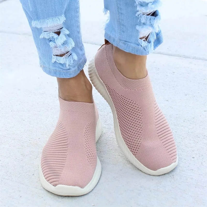 

Women Sneakers Female Knitted Vulcanized Shoes Casual Slip On Ladies Flat Shoe Mesh Trainers Soft Walking Footwear Zapatos Mujer