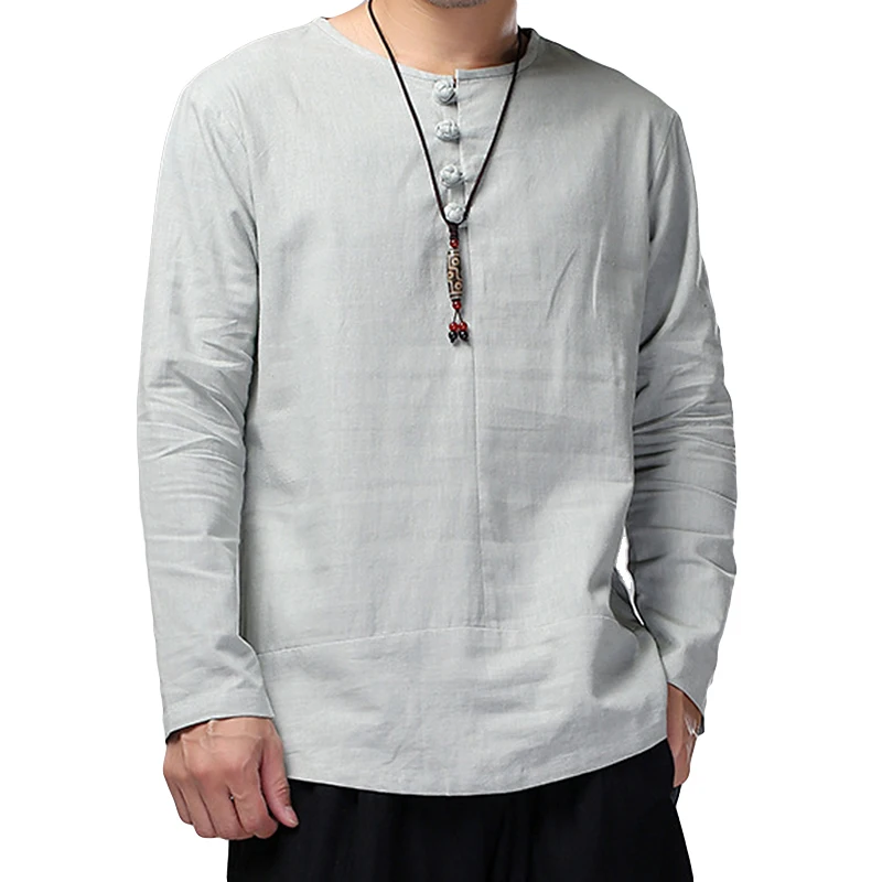 Chinese Style Cotton Linen Shirts Men Dress Loose Fit Long Sleeve Solid ...