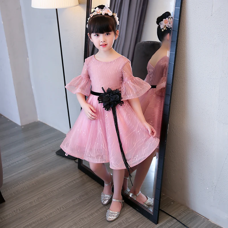 

3-10Y Princess Dress Flare Sleeve Lovely Ball Gown Trails Flower Girl Dress Kids Pageant Gown Short First Communion Dresses E292