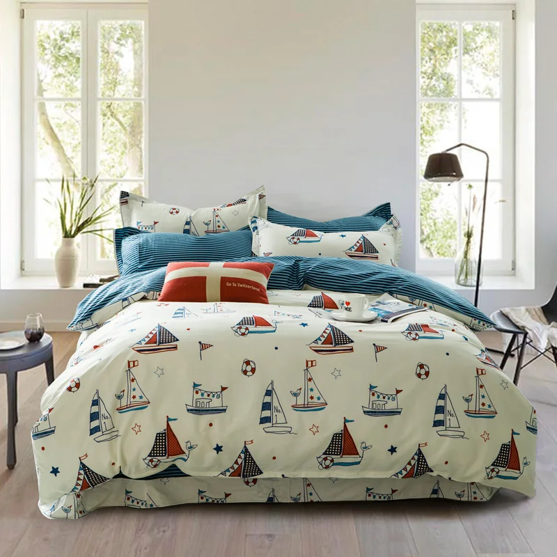 Beach Style 5pc Cotton Nautical Bedding Set Flat Fitted Sheet