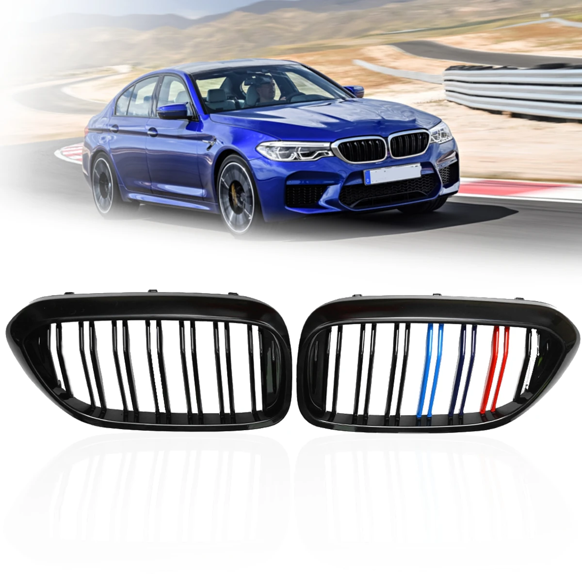 

Pair Gloss Black M Color/Gloss Black Front Dual Slats Grilles Car styling Front Racing Grille For BMW 5 Series G30 G38 2017