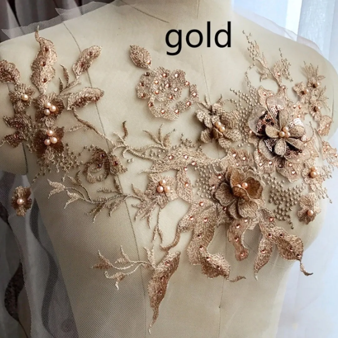 Pearl Beaded 3D Flowers Lace Applique Wedding Dress Decoration Floral Patch