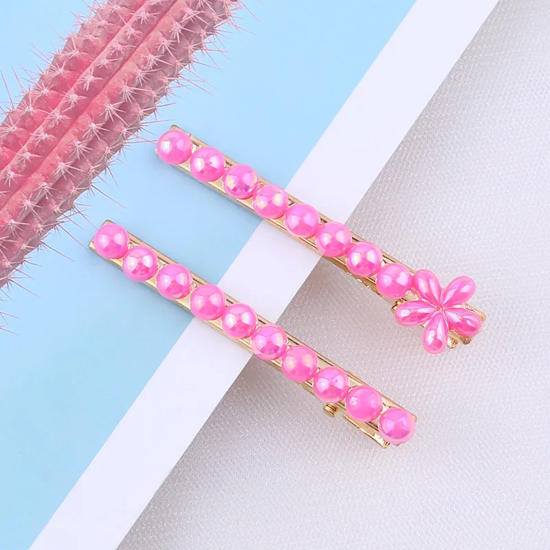 2pcs/set Pearl Flower Hair Clips Alligator Duckbill Long Hairpins Barrettes Candy Rainbow Color Hair Accessories for Women Girls - Цвет: Flower-Rose Red