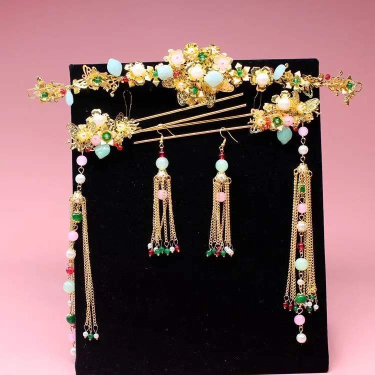 

5pieces sets Costume vivid gree leaf pink beads luxury pearl special Bride Headdress Chinese wedding Crown Wholesale