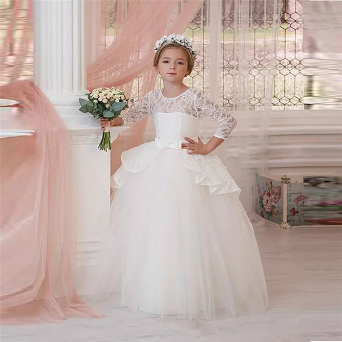 White Lace Little Girls First Communion Dress Long Sleeve with Sash O Neck Layered Organza Flower Girls Dress for Wedding цена White Lace Little Girls First Communion Dress Long Sleeve with Sash O Neck Layered Organza Flower Girls Dress for Wedding цены онлайн