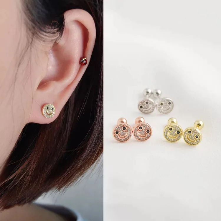 925 стерлингов серебряные серьги Мода Личность Циркон смайлик Сережка-гвоздик в форме шурупа уха кости гвозди дикие девушки серебряные ювелирные изделия