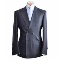 Custom Men Suit Men TAILORED Slim Fit Dark Blue Grey Double Breasted Suits with Siding Flap Pocket Peak Lapel
