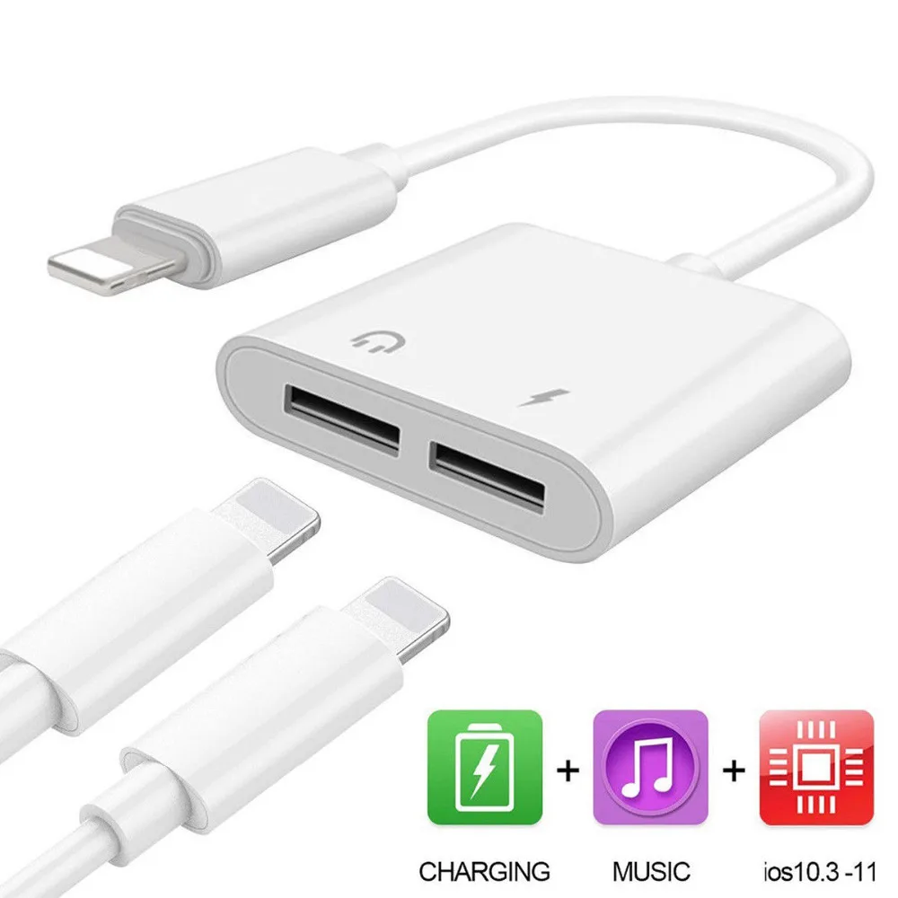 

Adapter 3.5mm Headphone Jack Charger Audio 2 in1 Aux Splitter Music Converter Cable For iphone X XR XS Max 7 8 Plus