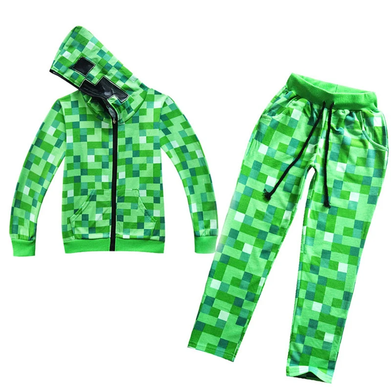 

2018 high quality Kids Green pattern full set Pullover Cotton and trousers Sweatshirt Minecraft Pattern Children Clothes Hoodie