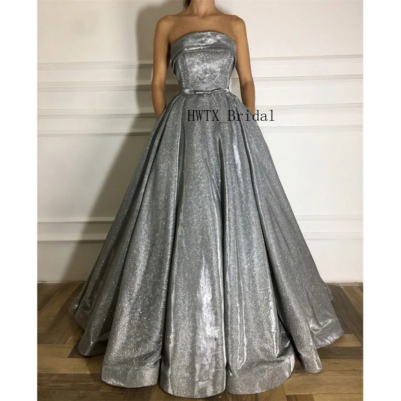 Glitter Sequins Prom Dresses 2019 New Elegant A Line Strapless Silver