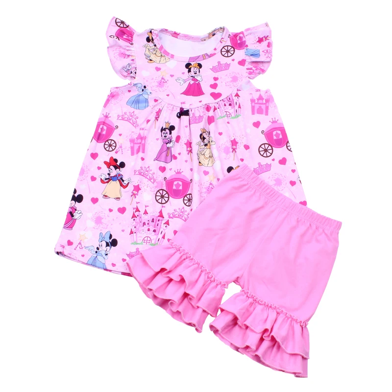 Baby Girls Colorful Minnie Outfits Cartoon Crown Castle Print Princess Ruffle Set Children Pink Clothing | Детская одежда и обувь