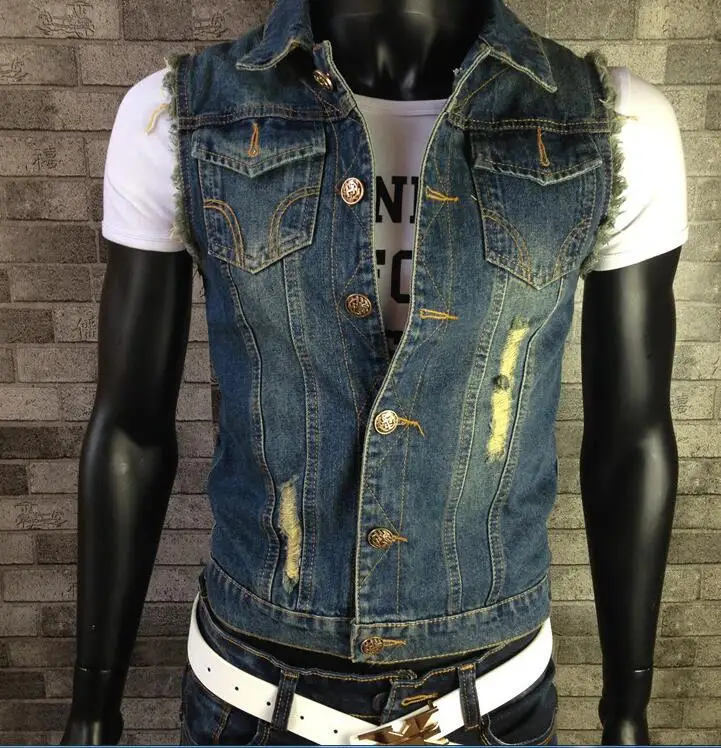 VXO Plus Size 6XL Casual Fashion Ripped Men's Jeans Vest Male Frayed Denim Vests Cowboy 