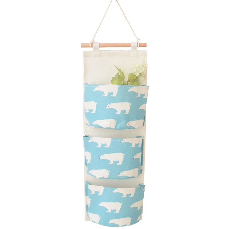 Фламинго из хлопчатобумажной ткани с узором висячая сумка для хранения 3 кармана стенной гардероб Сумочка настенный мешочек косметические игрушки Органайзер - Цвет: blue bear
