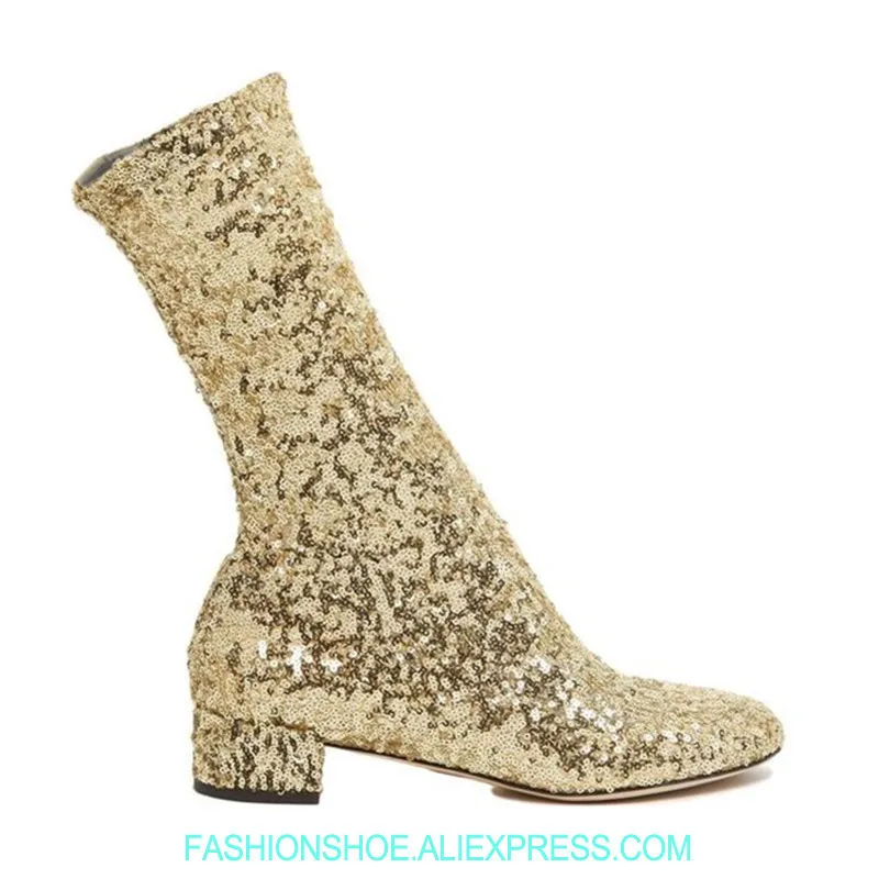 

2018 Bling Golden Silver Sequin Sock Boots Chunky Heel Spring Summer Mid Calf Women Boots Runway Catwalk Valli Botas Feminina