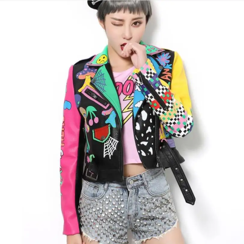 Longues Nouvelle Picture Graffiti En À Cool D'extérieur Automne Mode Femelle Vestes Manteaux Moto Hauts Manches Marque 2018 Gx1614 Cuir Style Pu UVqSGLzpM