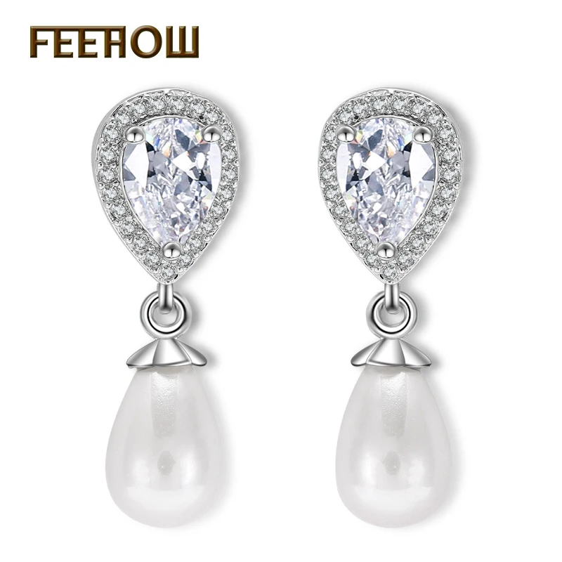 

FEEHOW Luxury Water Drop Bridal Pearl Earring Trendy Imitation Pearl And Zircon Water Drop Jewelry Women For Engagement FWEP516