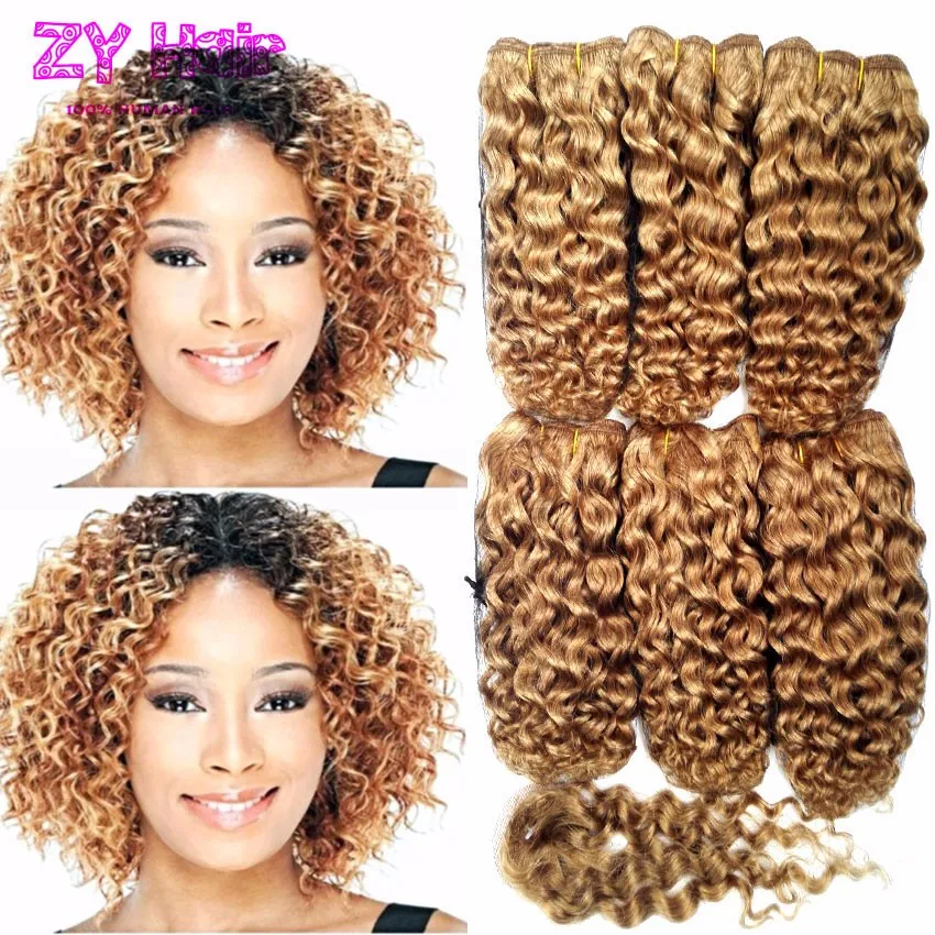 Short Blonde Weave Bundles Kinky Curly With Closure Cabelo Humano
