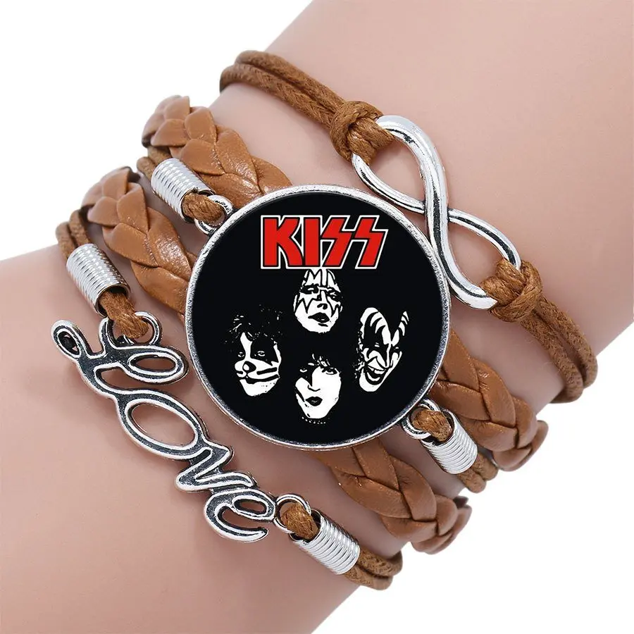 Подарки для девочек рок группа Kiss ювелирные изделия с покрытием стекло кабошон Многослойный черный/коричневый кожаный браслет