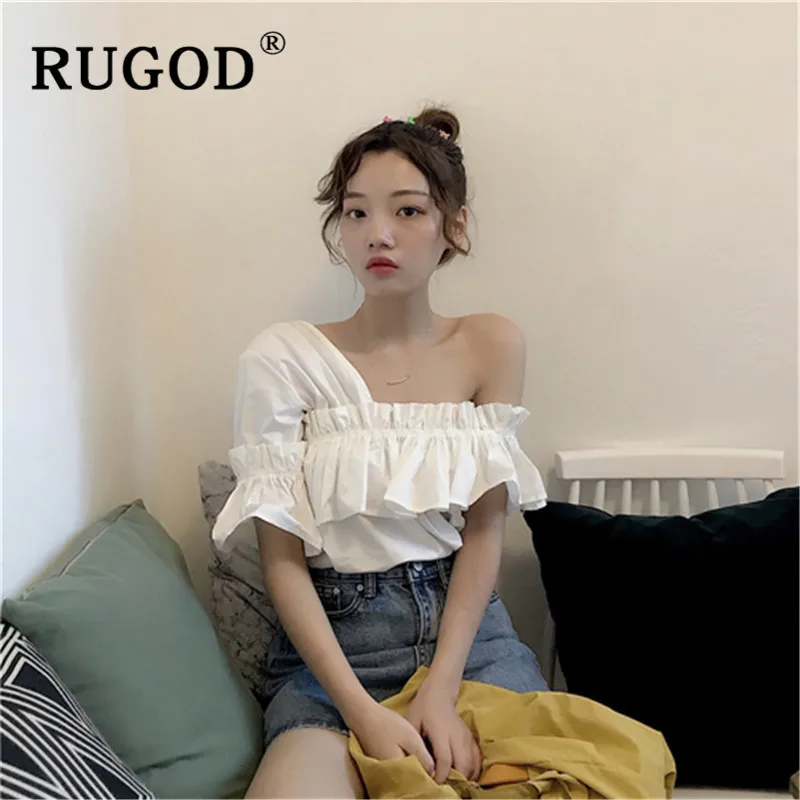Женская блузка RUGOD белая на одно плечо с расширяющимся рукавом лето 2019|Блузки| |