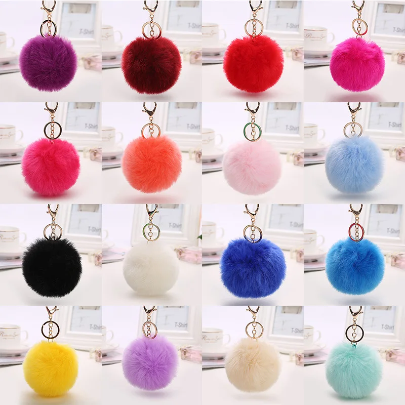 

Lovely Fluffy Rabbit Ear Fur Anime Ball Key Chain Rings Pendant Cute Pompom Artificial Rabbit Fur Keychain Women Car Bag