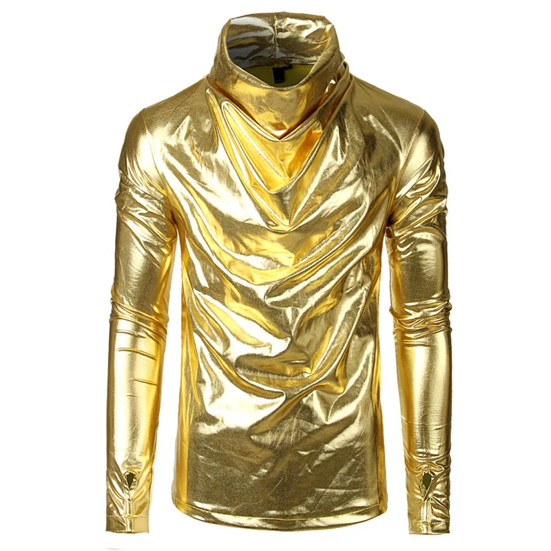 

MORUANCLE Fashion Men's Shinny Hip Hop T Shirts Long Sleeve Tops Tees Turtle Neck Hipster Tshirt Stage Dance Wear Gold Silver