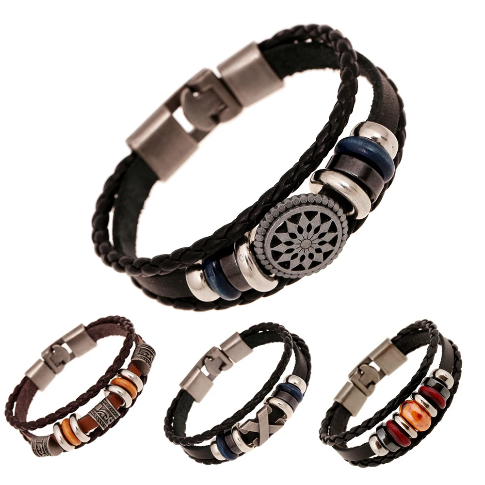 

Punk Men's Vintage Leather Bracelet Retro Silver-Color Alloy Charm 21cm Buckle Braided Beads Wristband Bohemian Style