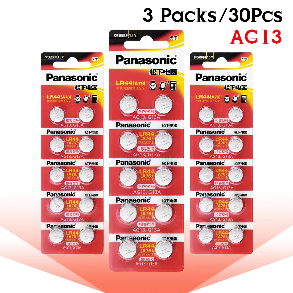 Panasonic 30 шт. 100% оригинальный 1,5 V кнопочный элемент Батарея lr44 литиевая Миниатюрный элемент питания A76 AG13 G13A LR44 LR1154 357A SR44