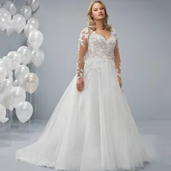 Eightree Long Sleeve Elegant Wedding Dress Plus Size A Line Tulle Skirt Sheer Lace Top Appliques Long v Neck Bridal Gown Eightree Long Sleeve Elegant Wedding Dress Plus Size A Line Tulle Skirt Sheer Lace Top Appliques Long v Neck Bridal Gown