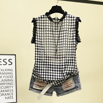 

2019 New Summer Fashion Plaid Women Pullovers Top Large Size Sleeveless Tanks Out Wear Perspective Shirts All-match