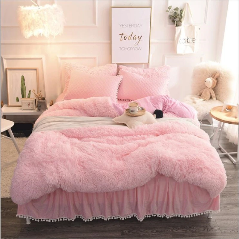 - Pink princess wind Crystal velvet bedding sets super warm Mink duvet cover bedclothes bed skirt 34pcs