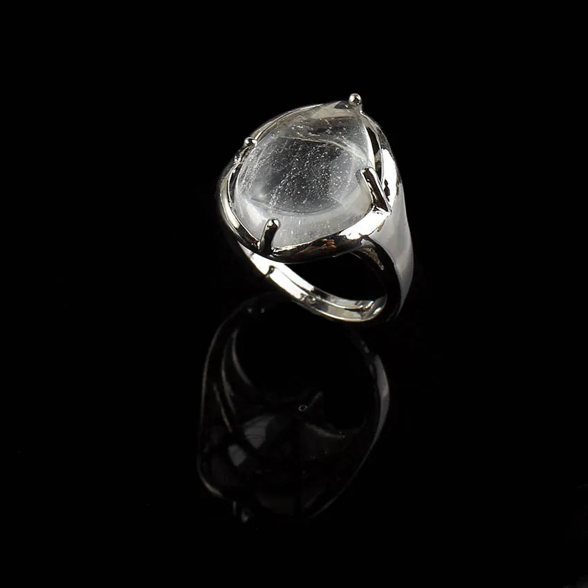 100-Unique 1 Pcs Silver Plated Natural White Rock Crystal Water Drop Shape Adjustable Stone Finger Ring Jewelry