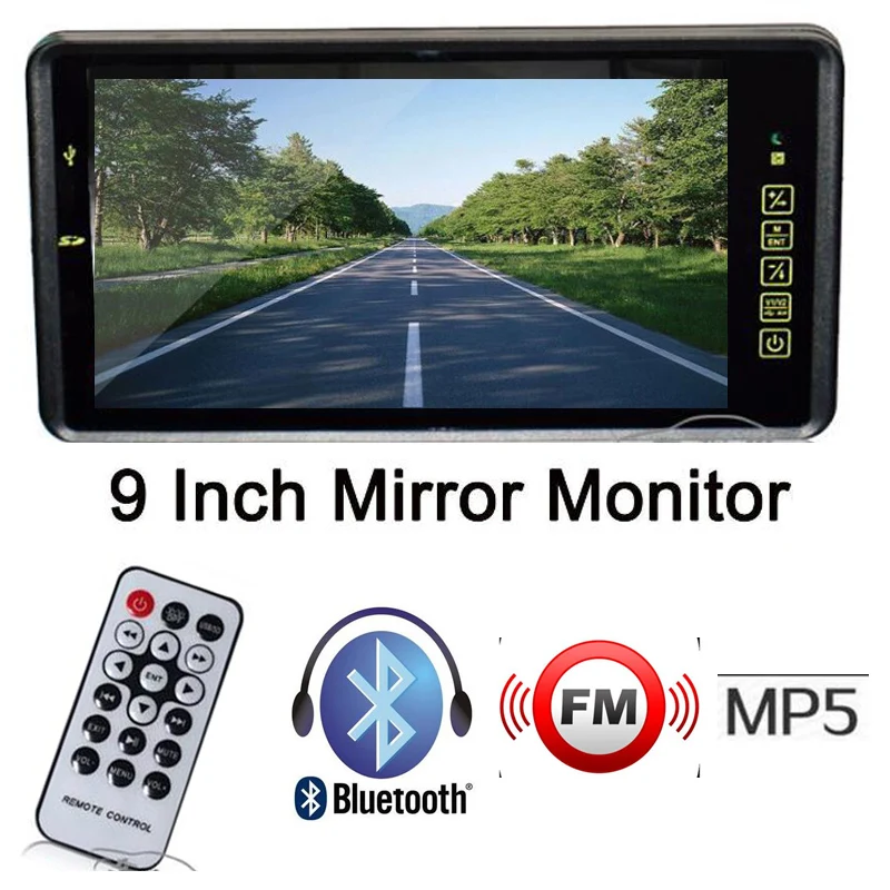 1024 x 600 HD 9 Inch LCD Car Mirror Monitor Bluetooth MP5 FM Music Player USB SD Remotely control Audio input Parking assistance