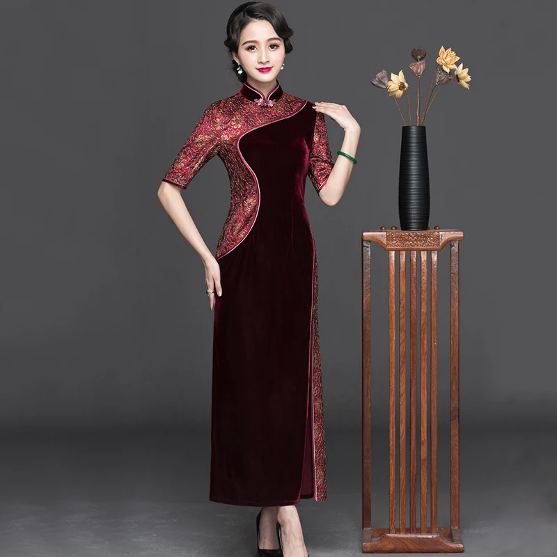 

Fall New Vintage Velour Slim Long Dress Novelty Clothing Traditional Chinese Women Lace Long Evening Cheong-sam Party Dress