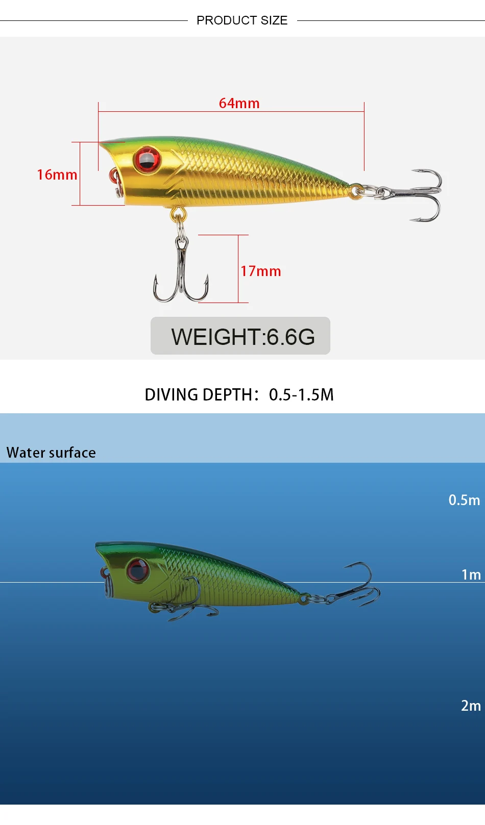 JACKFISH Поппер приманка 5 цветов 6,4 см/6,6 г рыболовная приманка с 6# крючками Рыболовная Снасть искусственные приманка жесткая приманка для воды