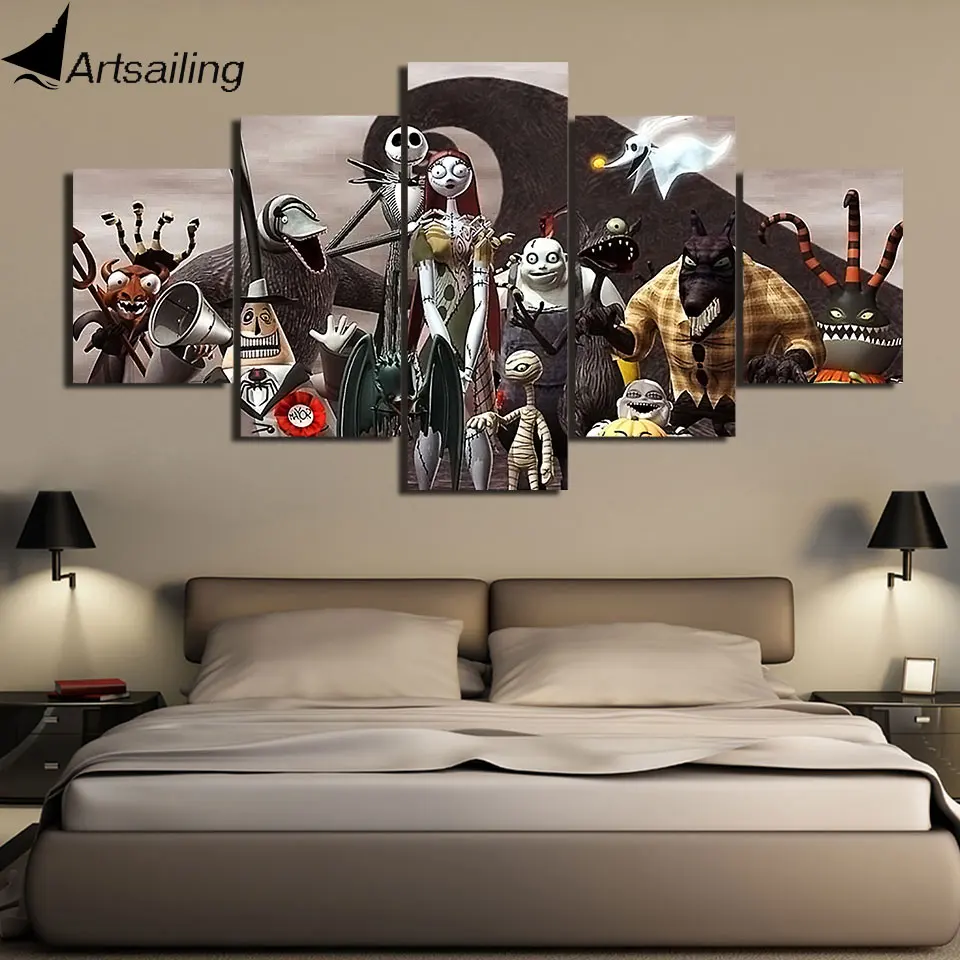Us 5 99 40 Off Canvas Art Painting Nightmare Before Christmas Picture For Festival Gift 5 Pieces Wall Art Movie Posters And Prints Home Decor In