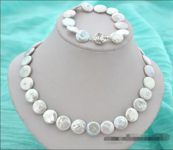 

Free shipping hot sale Women Bridal Wedding Jewelry >>17" 15mm coin white freshwater pearl necklace 8" bracelet