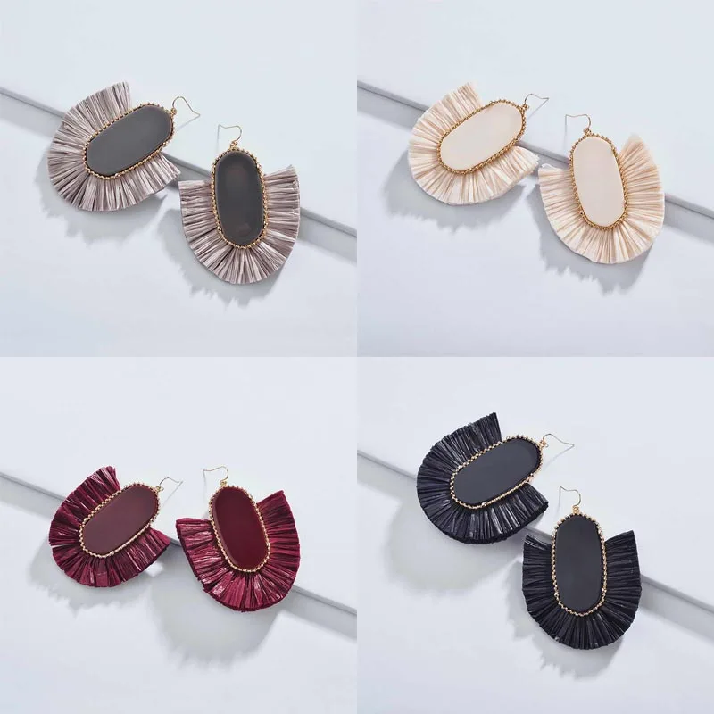 

ZWPON 2018 New Large Fan Fringe Raffia Tassel Surrounded Oval Earrings for Women Fashion Statement Earrings Oorbellen Wholesale